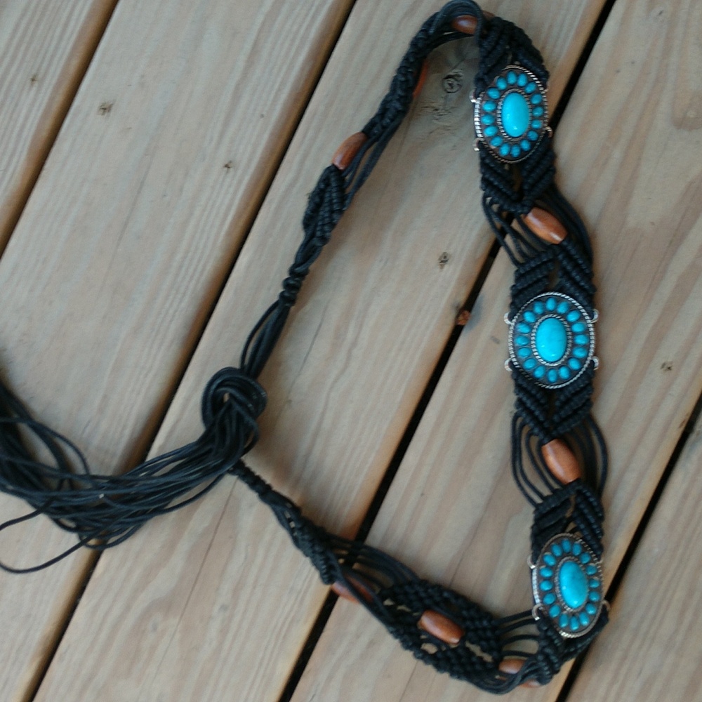 Boho Wax Belt Macrame Faux Turquoise Conch Wood Beads Fringe Tie Western OSFM